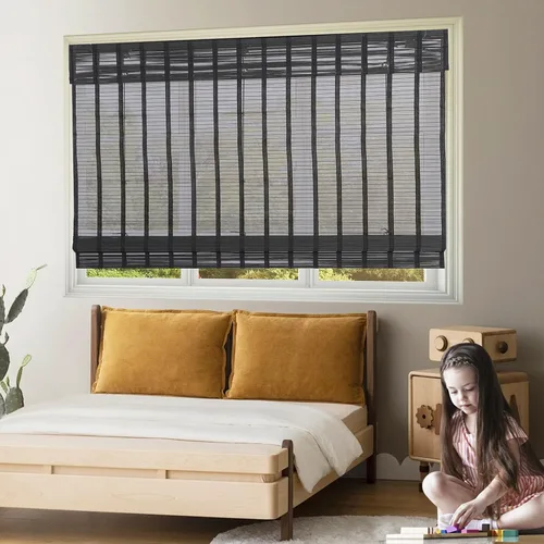 Vista 2 de Persianas romanas de bambú sin cordones para ventanas, persianas de madera tejida natural de ónix negro con cenefa de 6 pulgadas de alto, persianas