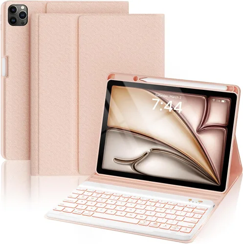 Vista 16 de OYEEICE Funda de teclado para iPad 6ª/5ª generación de 9.7 pulgadas, teclado inalámbrico desmontable retroiluminado de 7 colores, cubierta magnética