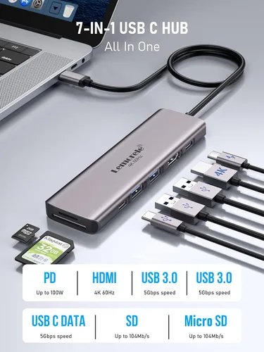Vista 2 de Adaptador multipuerto USB C, estación de acoplamiento HDMI 7 en 1 4K 60Hz, 100 W PD, ranuras SD/TF 3.0, 2 puertos de datos USB 3.0 y USB C 3.0 de 5
