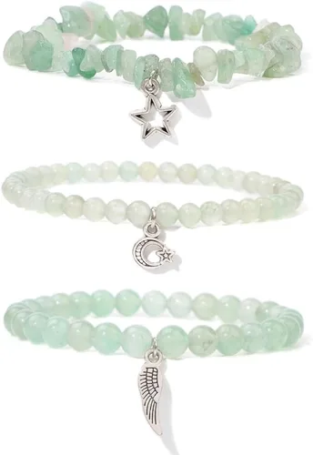 Vista 25 de Juego de 3 pulseras de cuentas de piedra natural para mujeres y hombres, estrellas y luna, alas de ángel, juego de pulseras curativas de reiki