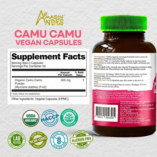Vista 2 de Camu Camu Cápsulas l Potente fuente de vitamina C l Refuerzo del sistema inmunológico l Orgánico y Comercio Justo Certificado l 100 pastillas