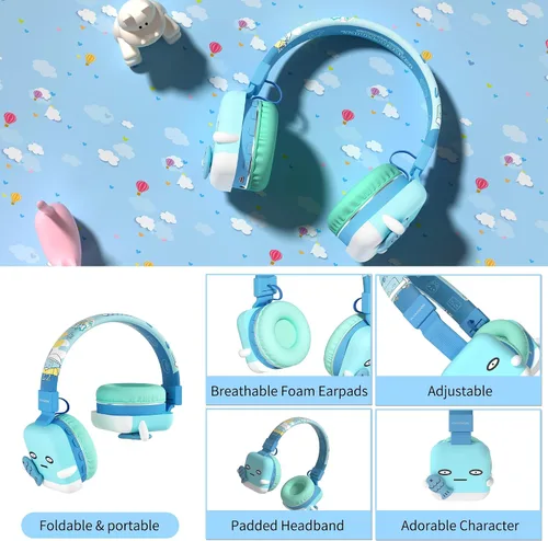 Vista 8 de Auriculares Bluetooth para niños, límite de volumen de 85 dB, ultra suaves sobre la oreja, micrófono incorporado, plegables, diseño de animales