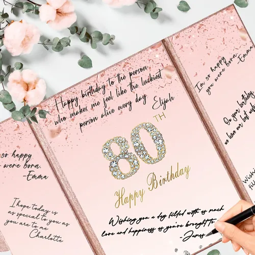 Vista 8 de Crenics Decoraciones de oro rosa para cumpleaños n.° 80, alternativa creativa de libro de inicio de sesión de invitada de 80 cumpleaños, libro