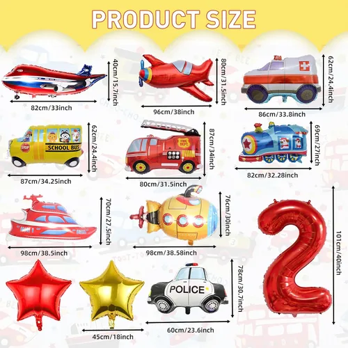 Vista 2 de 12 piezas de camiones de transporte, avión, autobús escolar, camión de bomberos, coche de policía, barco, ambulancia, submarino, globo de número