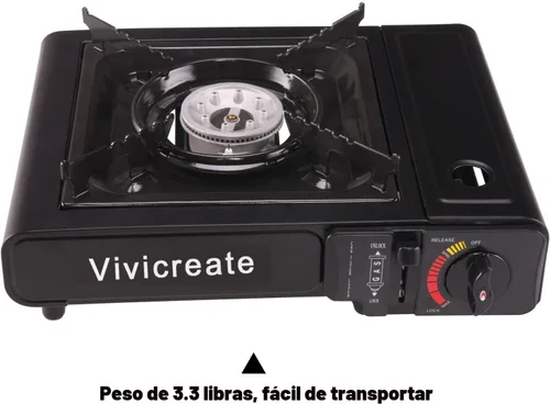 Vista 6 de Vivicreate Estufa de gas butano portátil de 8500 BTU para acampar, cocinar al aire libre, quemador portátil ligero con encendido automático, estufa