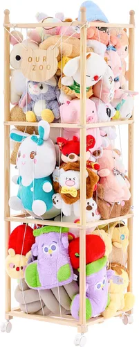 Vista 9 de Organizador de zoológico de almacenamiento de animales de peluche, soporte alto de torre de madera para juguetes de peluche grandes, exhibición