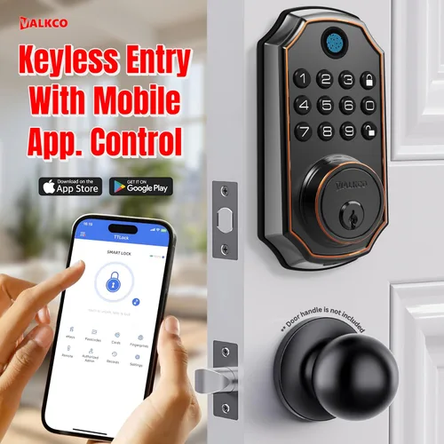 Vista 4 de VALKCO Cerradura de puerta inteligente V5O5BF, cerradura de puerta de entrada sin llave con teclado y control de aplicación Bluetooth, cerrojo