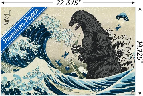 Vista 3 de Trends International Godzilla - Póster de pared Great Wave de 22.4 pulgadas de largo x 14.7 W, versión premium sin marco