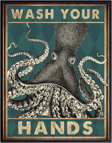 Vista 9 de Arte y decoración náutica de pulpo para pared de baño, divertida decoración de baño de playa, obra de arte de pared de baño, bonito póster