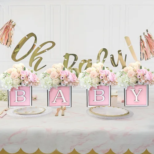 Vista 3 de Juego de 4 centros de mesa de baby shower para mesas, cajas de madera de 6 pulgadas con letras de bebé, cubos rústicos, bloques de madera para Rosa