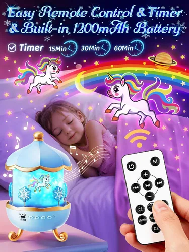 Vista 7 de Juguetes Frozen, luz nocturna de 15 músicas+16 películas+315 colores para niños, proyector de estrellas inalámbrico de 360°+control remoto