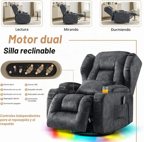 Vista 5 de DRMBOOK Sillas reclinables giratorias de doble motor con masaje y calor Gris