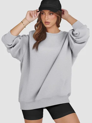 Vista 5 de ATHMILE Sudadera de gran tamaño para mujer, cuello redondo, forro polar, manga larga, sudaderas con capucha, tops de otoño, ropa de moda 2024