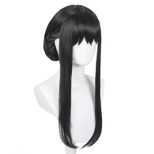 Vista 7 de Peluca larga de anime negro con flequillo y moño espina princesa asesina Peluca negra con moño