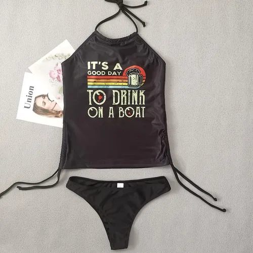 Vista 2 de Conjunto de tankini de dos piezas para mujer, diseño de árbol de coco simple, cuello alto, tankini halter