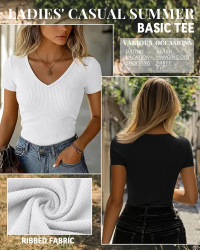 Vista 3 de Ficerd Paquete de 3 camisetas de algodón de manga corta para mujer, cuello en V, acanaladas, ajustadas, camisetas básicas casuales de verano