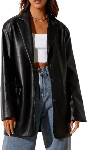 Vista 2 de Chaqueta de cuero para mujer, chaqueta de gran tamaño, con solapa frontal, de piel sintética, chaqueta de otoño e invierno