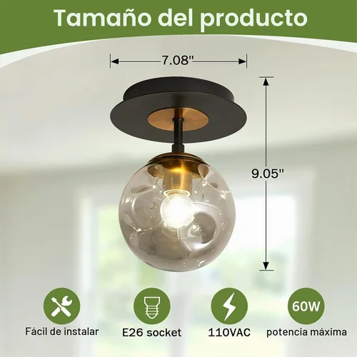 Vista 2 de Lámpara de techo de 1 bombilla de techo con forma de globo de cristal, moderna y semiempotrada de color negro para pasillo, porche, escalera