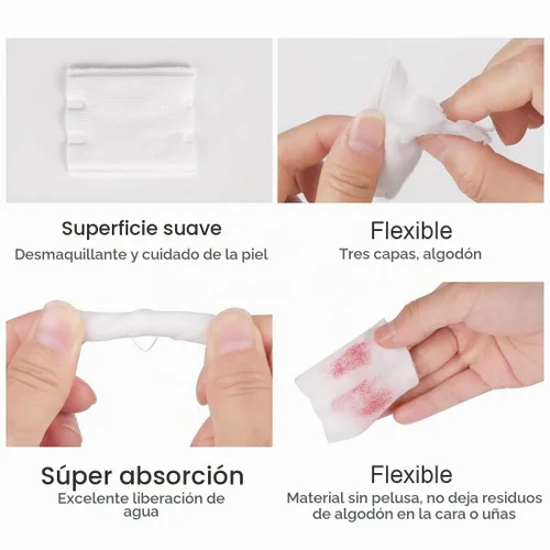 Vista 5 de Almohadillas de algodón, almohadillas para eliminar maquillaje facial de labios y ojos, 100% algodón puro, cuadrados de algodón cosmético eficaz