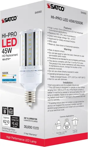 Vista 8 de Satco S49393 Bombilla LED de mazorca de maíz, base extendida Mogul, 45 W, clasificación de 35000 horas, 6210 L, luz natural