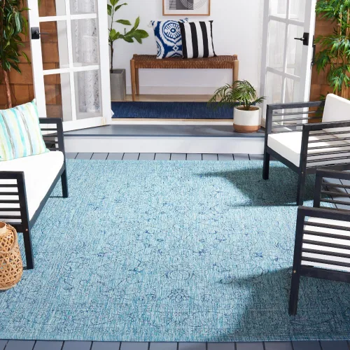 Vista 109 de SAFAVIEH Alfombra lavable al aire libre, colección Courtyard - 2'3" x 5', azul aguamarina y gris, no desprende pelusa y fácil limpieza, ideal
