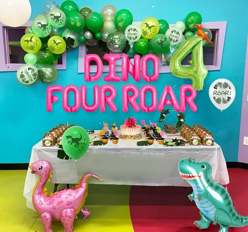 Vista 4 de LaVenty Globos de rugido de dinosaurio Rex para decoración de cumpleaños de 4 años, diseño de dinosaurio para niña