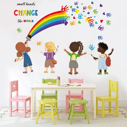 Vista 2 de Decalmile - Calcomanías para pared, diseño de manos pequeñas que cambian el mundo