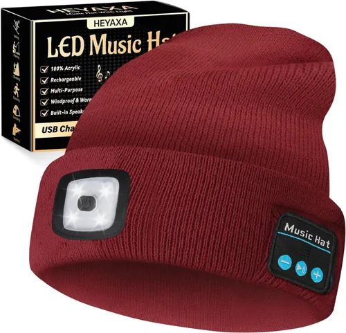 Vista 8 de HEYAXA Gorro Bluetooth con LED, Gorro de Música Inalámbrico con 4 LEDs Recargable por USB, Faro de Cabeza para Correr, Regalos para Navidad, Relleno