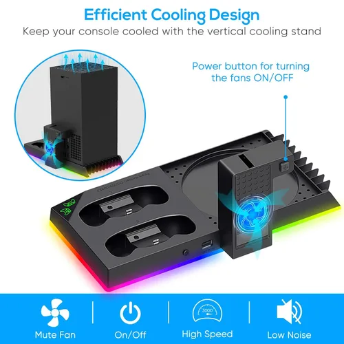 Vista 5 de Upgrade Stand for Xbox Series X with Back Cooling Fan& RGB Lights, Charging Station with Controller Charger Dock &Game Storage Rack Organizer&