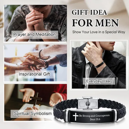 Vista 2 de Pulsera de cuero para hombre, regalo de sobriedad para hombre: cita inspiradora/versículo bíblico grabado, pulsera trenzada negra para hombre