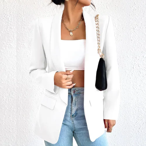 Vista 3 de Blazers casuales de manga larga para mujer, chaqueta de traje de moda con solapa frontal abierta