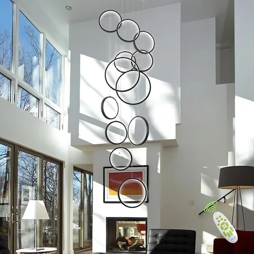 Vista 12 de Candelabro moderno para entrada para techos altos, lámpara moderna regulable dorada para escalera, de lujo, techo alto, lámpara colgante LED
