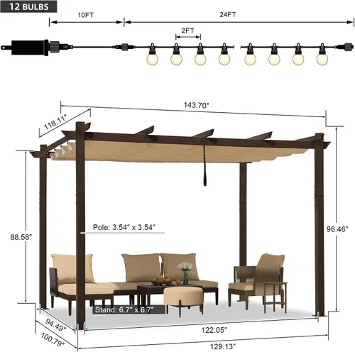 Vista 7 de PURPLE LEAF Pérgola de 10 x 12 pies con toldo retráctil, pérgola cuadrada de bronce de aluminio para patio al aire libre, junto a la piscina, beige