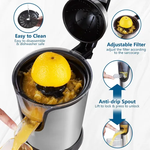 Vista 6 de JUSANTE Exprimidor de cítricos, máquina de exprimidor de naranja, Exprimidor de pomelo de lima manos libres de acero inoxidable, Exprimidor