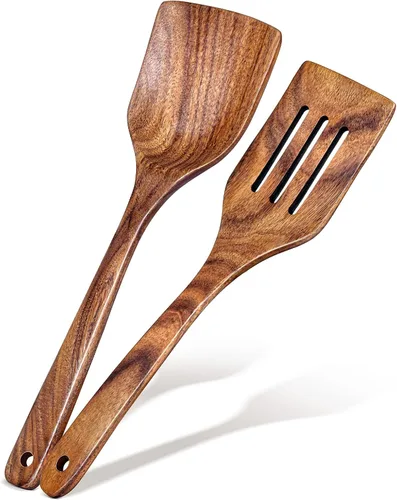 Vista 8 de Espátula de madera para cocinar, espátulas planas de madera de acacia, espátula con mango largo para sartenes antiadherentes, sin arañazos
