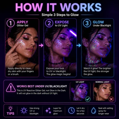 Vista 4 de 12 colores de gel con purpurina que brilla en la oscuridad, reactiva a la luz negra UV, para rostro y cuerpo, no necesita pegamento, grado cosmético