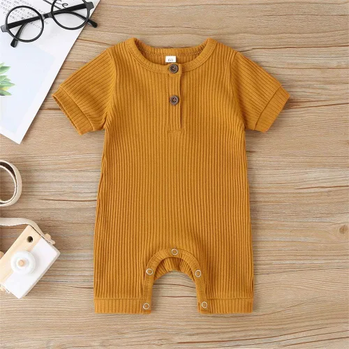Vista 132 de Mameluco unisex de manga corta para bebé recién nacido, con botones, de una pieza, ropa de color sólido