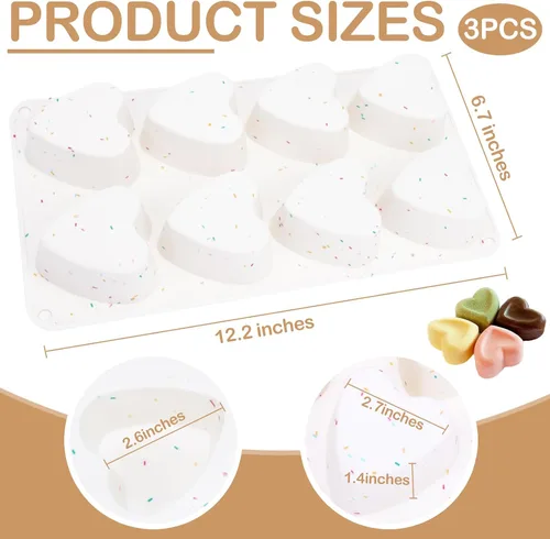 Vista 2 de 3 moldes de corazón de silicona con 8 cavidades en forma de corazón para hornear magdalenas de grado alimenticio, velas fáciles de limpiar, resina
