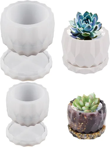 Vista 8 de Juego de 2 moldes de silicona para macetas de diamante, con soportes inferiores, color blanco, tamaño grande 3.82 x 2.52 pulgadas y pequeño 3.11 x