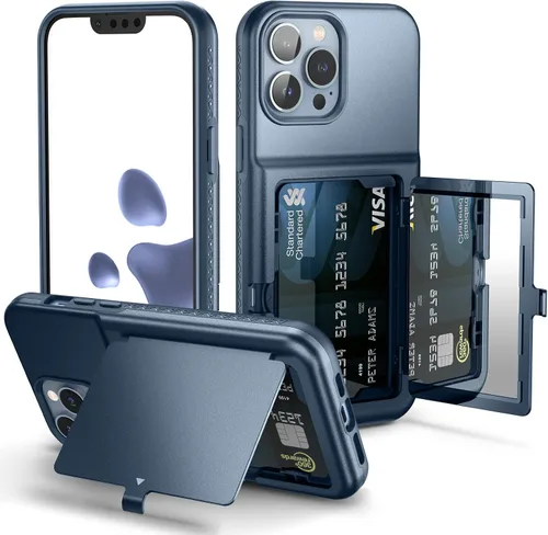 Vista 12 de WeLoveCase Funda para iPhone 13 Pro Max para mujer con tarjetero y espejo oculto, dos capas a prueba de golpes resistente funda protectora tipo Negro