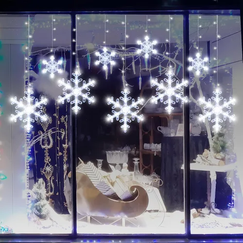Vista 5 de LYUBASA Luces de copo de nieve de Navidad para decoración, 1.6 m, control remoto y temporizador, 8 modos de luz con alimentación por batería, 112