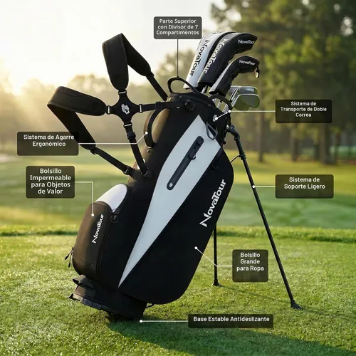 Vista 3 de Bolsa de golf NovaTour con soporte - Bolsa de golf ligera con soporte y divisores de 7 vías, doble correa, bolsillo impermeable, funda aislada, asas