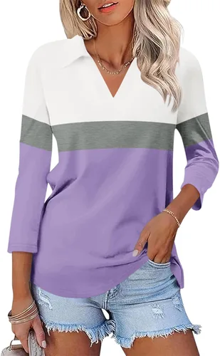Vista 29 de TICTICMISS - Camisas polo de cuello en V para mujer, manga 3/4, con cuello, tops casuales de negocios, tops de verano a la moda, holgados
