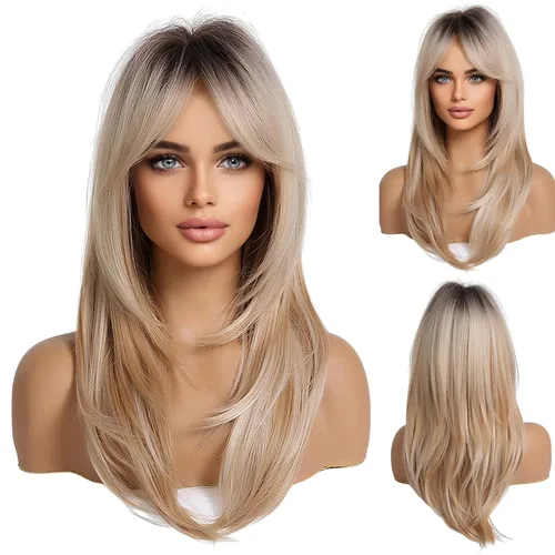 Vista 17 de HAIRCUBE Pelucas largas de color marrón oscuro con reflejos para mujer, peluca de pelo sintético rizado ondulado para uso diario