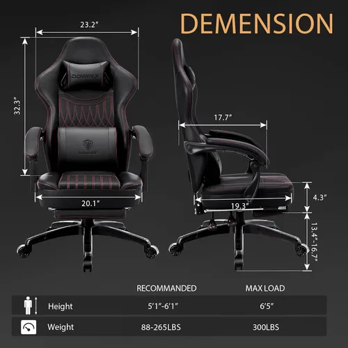Vista 3 de Dowinx Silla de Juegos de Cuero PU Transpirable para Jugadores con Reposapiés, Soporte Lumbar de Masaje, Silla de Computadora Reclinable Ergonómica