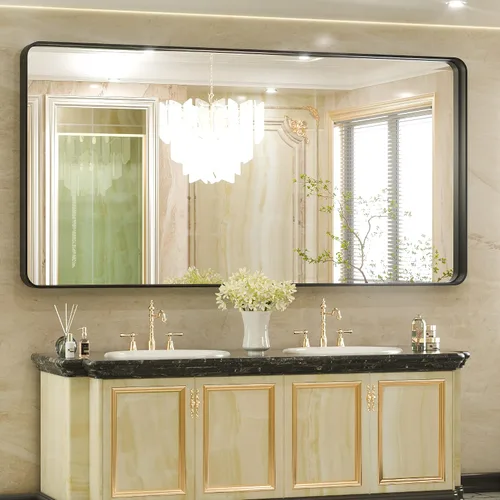 Vista 72 de Espejo de marco dorado cepillado de 16 x 24 pulgadas, espejo de tocador de baño de latón dorado para pared, espejo enmarcado rectangular de esquina