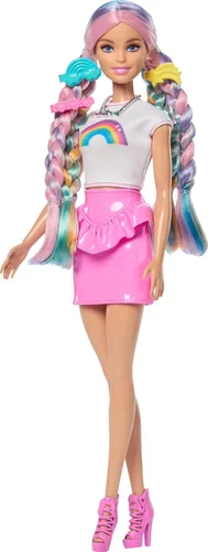 Vista 6 de Barbie Rainbow Sparkle - Muñeca para el cabello, extra larga y colorida con 12 accesorios de peinado como tubo de purpurina, cepillo, clips, secador
