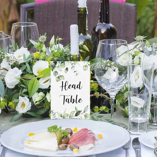 Vista 5 de Zonon 26 Piezas Tarjetas de Números de Mesa de Boda 1-25 con Números de Mesa Principal Tarjetas de Doble Cara de Follaje de Eucalipto Centros