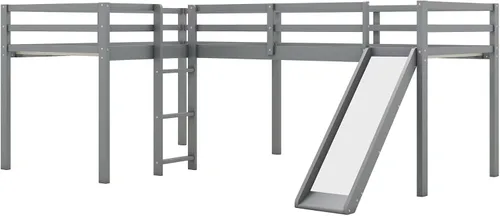 Vista 9 de Merax Cama doble tipo loft de tamaño individual con tobogán y escalera, marco de cama de madera en forma de L con barandilla de longitud completa