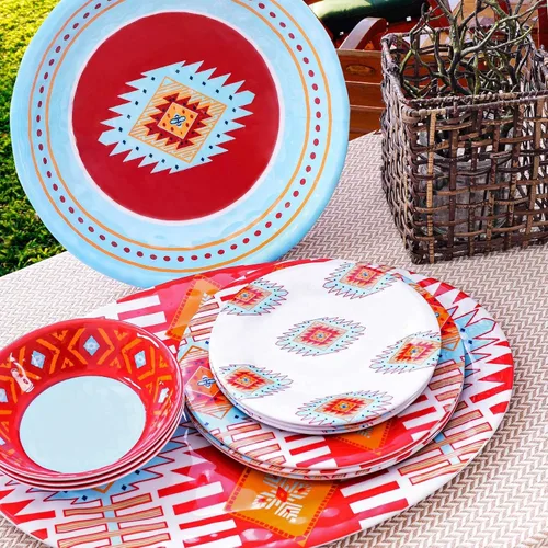 Vista 4 de Paseo Road Bonita Talavera - Juego de vajilla de plástico de melamina de 14 piezas con platos, cuencos y platos para servir, juego de platos